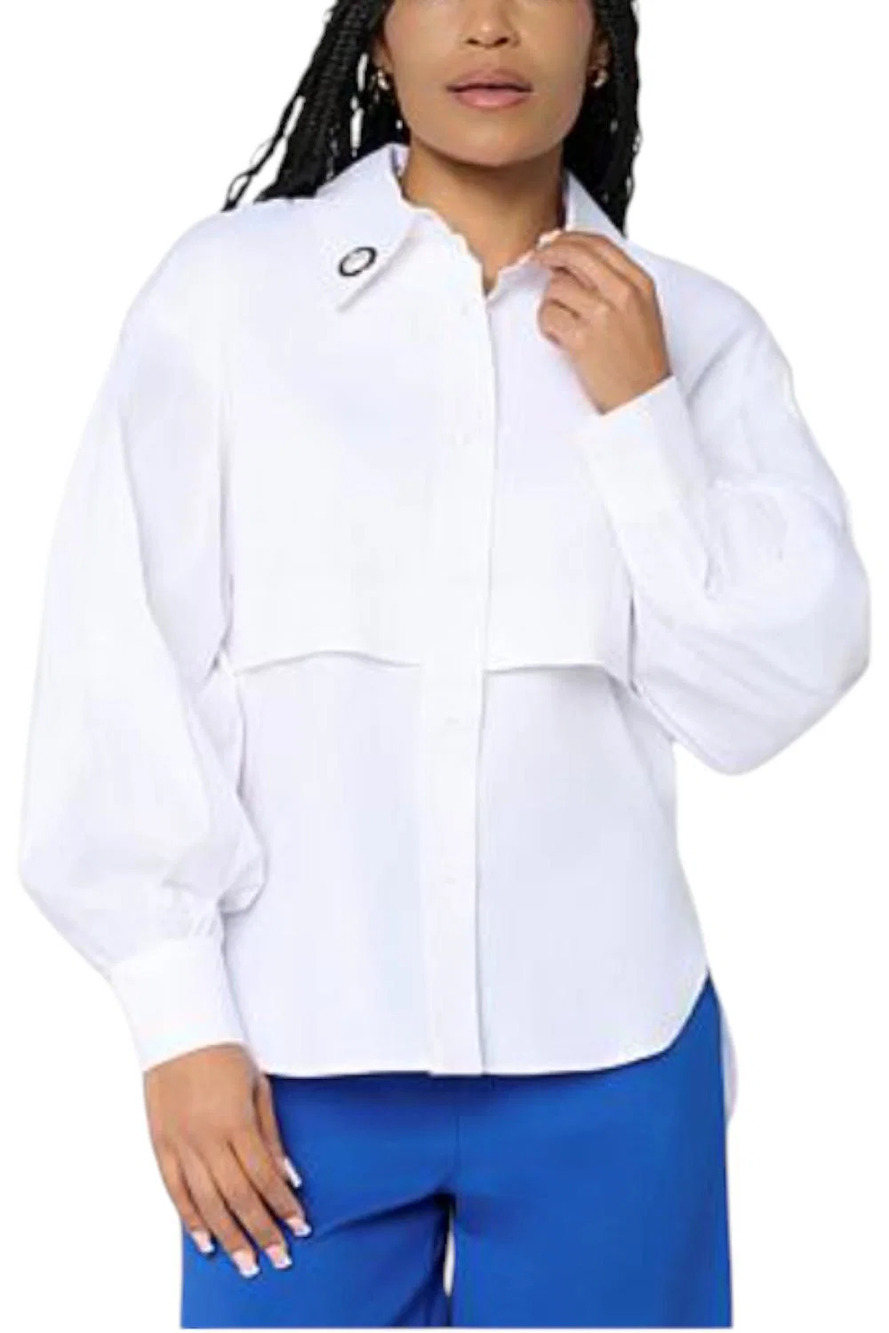 Megan Renee Women's Grommet Button Down Poplin Top White - Regular